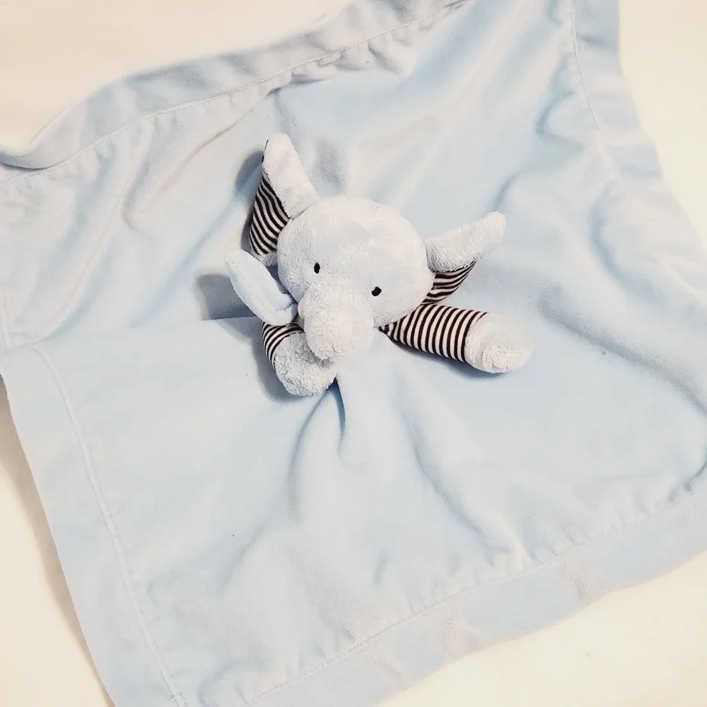 Carters Baby Blue Elephant Lovey Rattle Security Blanket Stripe Navy Plush Satin